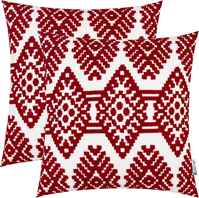 HWY 50 Red Decorative Throw Pillow Covers 18x18 Inch, Pack of 2 Embroidered Cotton Farmhouse Cushion Cover Pillow Case for Sofa Couch Living Room Bed Bedroon, Diamond Design-Ruum Studio Home