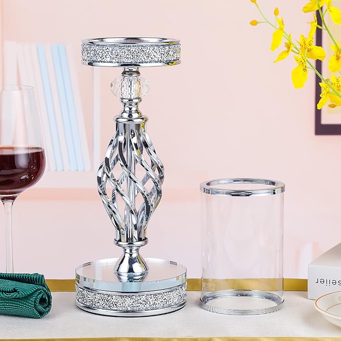 Hanjue Crystal Candle Holders for Pillar Candle, Metal Crystal Candle Holder for Home Decor, Centerpieces, Coffee Dining Table CH0509 (Silver (L))-Ruum Studio Home