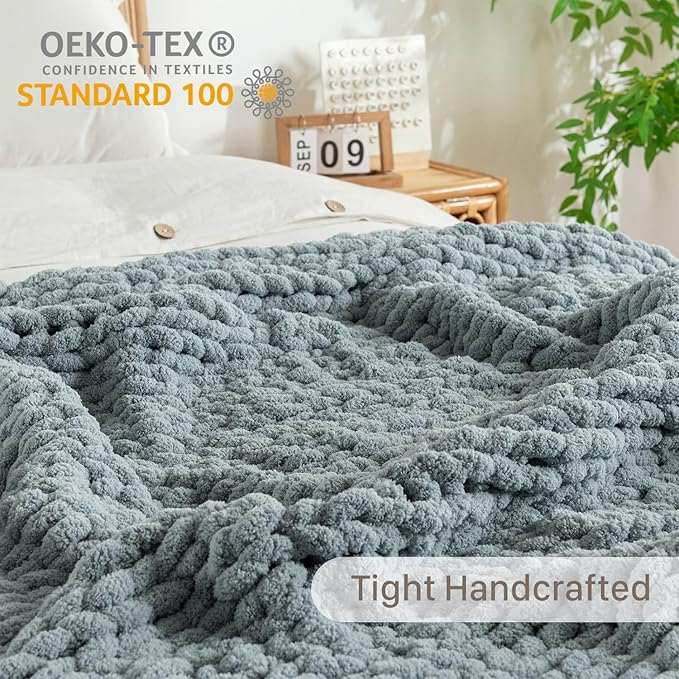 Chunky Knit Blanket Throw, 100% Hand Knit Throw Blanket Handmade Chenille Cable Knit Throw for Couch, Stylish Cozy Soft Rope Knot Crochet Blanket for Home Decor, Chambray Blue, 50x60 Inches-Ruum Studio Home