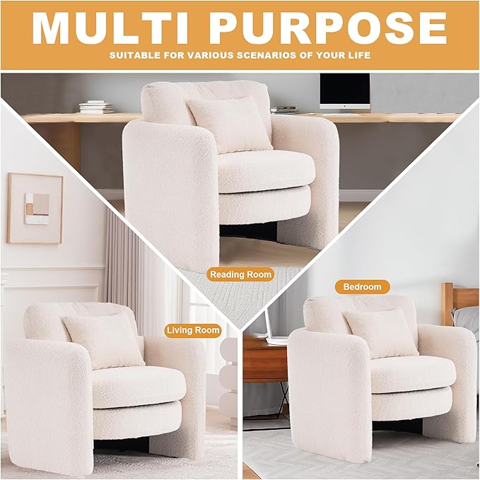 Chenille Accent Armchair Oversize Upholstered Barrel Comfy Modern Round Lounge Sofa Chair with Pillow Cozy Reading Chairs for Apartment,Office,Living Room,Dining,Makeup,Club,Beige-Ruum Studio Home