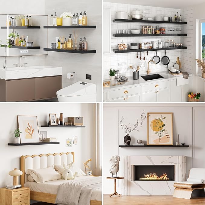 Heimlove 40 Inches Floating Shelves for Wall,9.3" Deep Black Long Floating Shelves Set of 2,Large Display & Storage Shelf,Wall Shelf for Bathroom Bedroom Living Room Kitchen Office-Ruum Studio Home