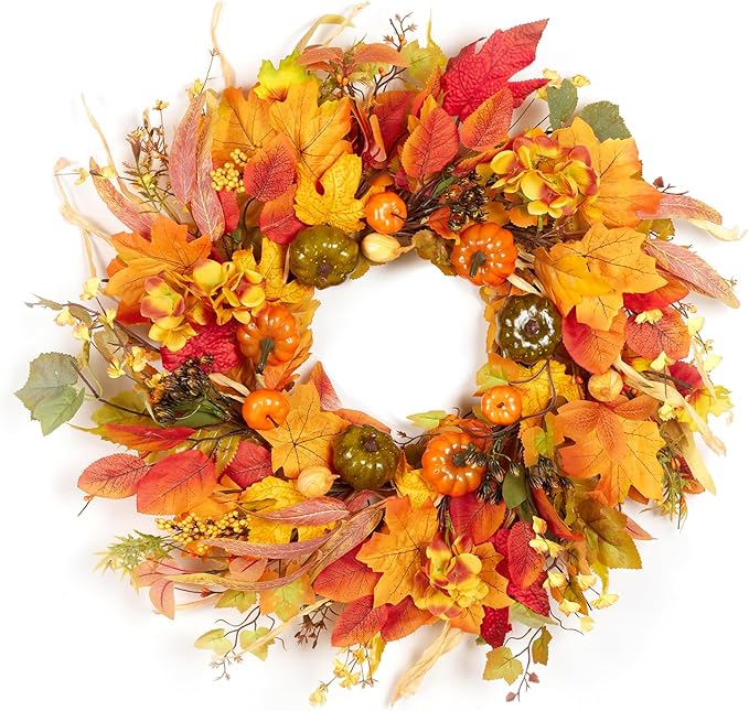 Fall Wreath for Front Door,24" Autumn Front Door Wreath Fall Decorations with Pumpkins Hydrangea Maple Leaves for Porch Window Farmhouse Halloween Thanksgiving Harvest Festival Home Decor-Ruum Studio Home