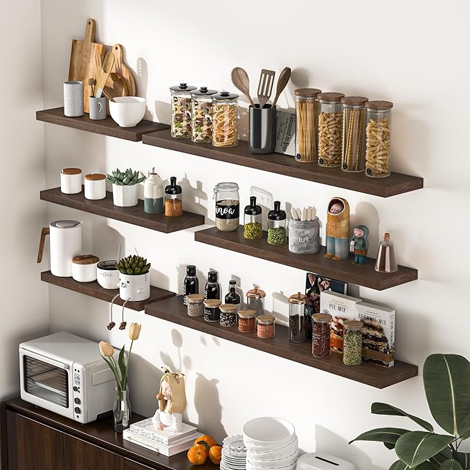 Fun Memories Farmhouse Floating Shelves - 8 Inch Deep Rustic Wood Wall Shelf - Premium Solid Pine Wood Storage Shelf for Kitchen Living Room Bedroom - 30" W x 8" D - Set of 2 - American Walnut-Ruum Studio Home
