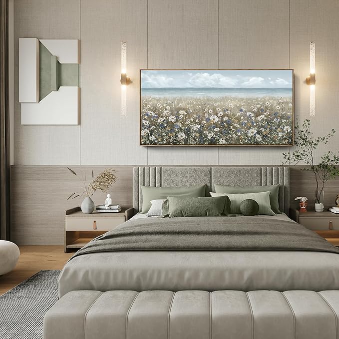 amatop Oversized Wall Art for Living Room Extra Large Farmhouse Boho Framed Beach Coastal Vintage Ocean Floral Canvas Print Daisy Flowers Sea Wall Picture Neutral Nautical Artwork Bedroom Office Decor-Ruum Studio Home