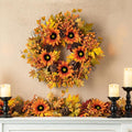 Glitzhome 24'' Fall Wreath for Front Door Decor, Artificial Autumn Orange Wreath with Sunflower, Maple Leaf and Berry Ornament for Wall Fireplace Farmhouse Thanksgiving Day Harvest Festival Decor-Ruum Studio Home