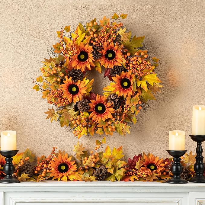 Glitzhome 24'' Fall Wreath for Front Door Decor, Artificial Autumn Orange Wreath with Sunflower, Maple Leaf and Berry Ornament for Wall Fireplace Farmhouse Thanksgiving Day Harvest Festival Decor-Ruum Studio Home