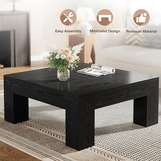 Tribesigns 39.4-Inch Square Coffee Table for Living Room, Farmhouse All MDF Accent Center Cocktail Table with Sturdy Wooden Legs, Easy Assembly, Black-Ruum Studio Home