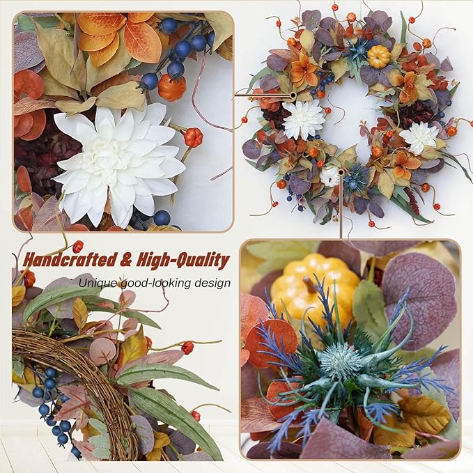 Fall Wreaths for Front Door Outside 24 Inch Autumn Wreath with Pumpkins, Silk Leaves & Purple Flowers Autumn Wreaths for Front Door, Halloween Wreath Decoration, Thanksgiving Decor-Ruum Studio Home