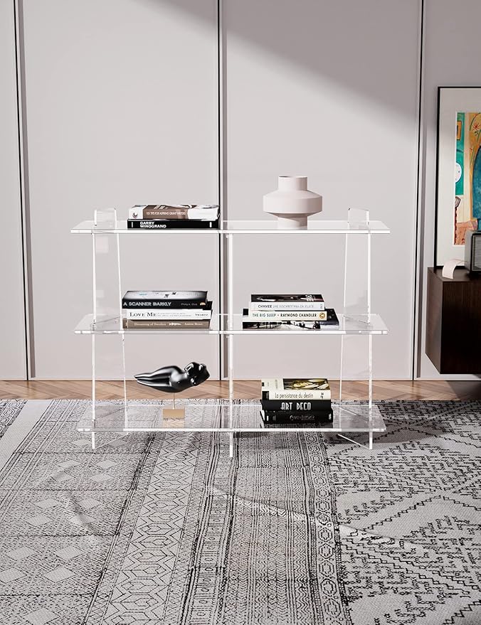 Acrylic Bookshelf, Small 3 Tier Open Bookcase for Small Spaces,Sofa Table, Hallway Entry Table for Home Living Room (Clear, 39.4'' x 11.8'' x 31.5'')-Ruum Studio Home