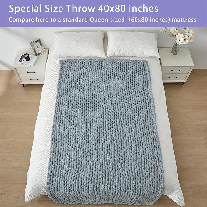 Bigacogo Chunky Knit Throw Blanket for Couch, 40x80 inches, 100% Hand Knitted with Thick Jumbo Chenille Yarn, Cozy Soft Large Rope Knot Cable Crochet Blankets for Sofa Bed Living Room, Dusty Blue-Ruum Studio Home