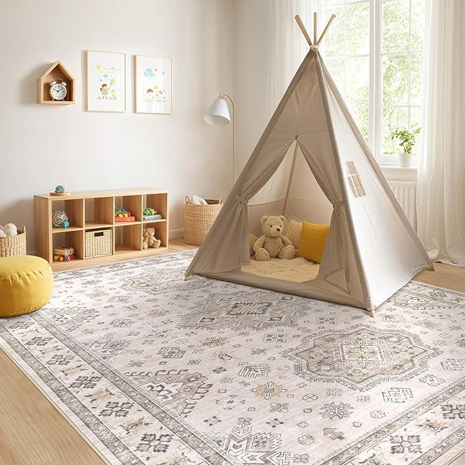 Washable Area Rugs for Living Room -8x10 Neutral Vintage Distressed Floral Farmhouse Boho Large Soft Floor Rug Indoor Non Slip Carpet for Living Room Bedroom Dining Room Office -Beige Brown-Ruum Studio Home