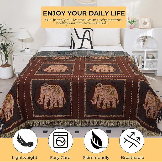 Boho Throw Blanket for Bed with Tassels,100% Cotton Ultra Soft and Cozy Large Blanket Elephant Printed Farmhouse Decor Bed Blankets,80"×90" All Season Rustic Throw for Sofa Couch Chair-Brown-Ruum Studio Home