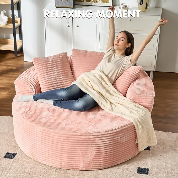ovios 58" Oversized Round Chair Lounge Chaise Indoor, No Assembly Required, Cloud Large Circle Chair with Plush Fuax Fur, Fluffy Modern Sleeper Sofa Bed for Reading Yoga, Pink (Plush Corduroy Fabric)-Ruum Studio Home