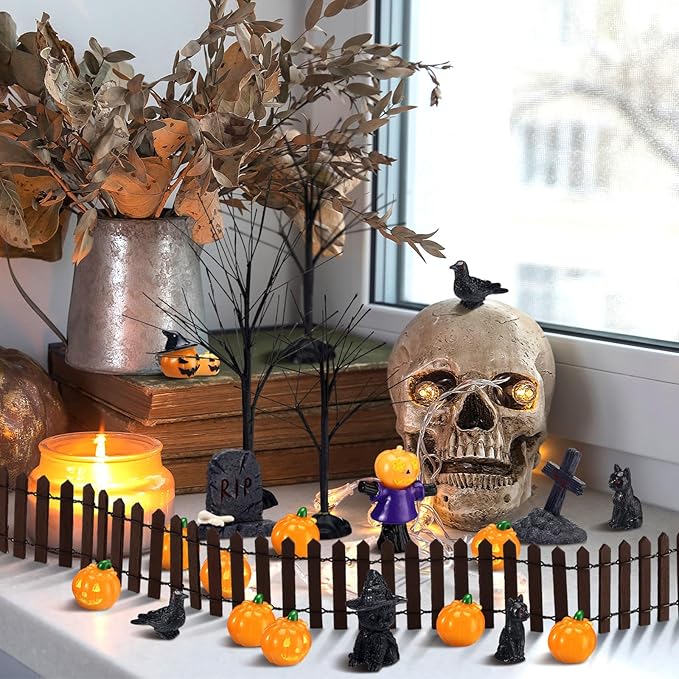Wesiti 30 Pcs Halloween Village Accessories Set Miniature Halloween Figurines Village Trees Cat Pumpkin Tombstones Figurine Horror Miniature Accessories for Garden Decor-Ruum Studio Home