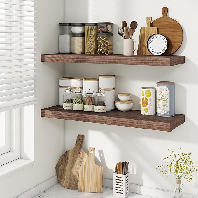 Fun Memories Floating Shelves for Wall, 30 Inch Rustic Wood Wall Mounted Shelves for Bathroom, Bedroom, Kitchen, Living Room, Deep Floating Shelves for Storage & Home Decor (Walnut, Set of 2)-Ruum Studio Home