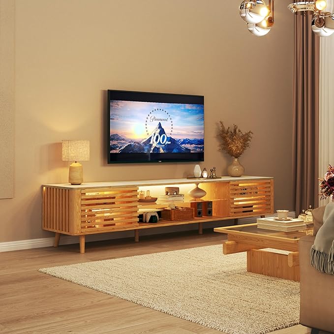 70" Mid Century Modern TV Stand for 55/65/75 Inch TV, Faux Marble Top Entertainment Center with Slatied Sliding Door & LED Lights, Low TV Console with Glass Shelves for Bedroom, Living Room-Ruum Studio Home