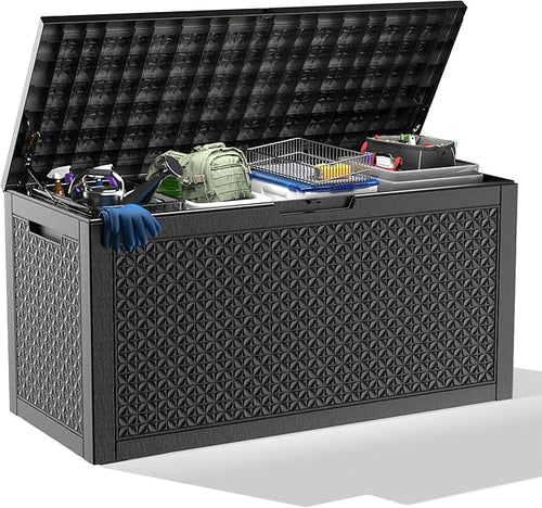 100 Gallon Resin Deck Box, Lockable Outdoor Storage Box for Patio Cushions Storage Furniture,Garden Tools, Pool Supplies, Weatherproof and UV Resistant（Black L）-Ruum Studio Home