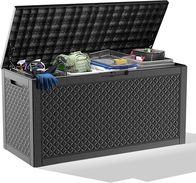 100 Gallon Deck Box Large Outdoor Storage for Patio Furniture,Outdoor Cushions,Garden Tools and Pool Supplies,Waterproof,Resin,Lockable(Black Lozenge)-Ruum Studio Home