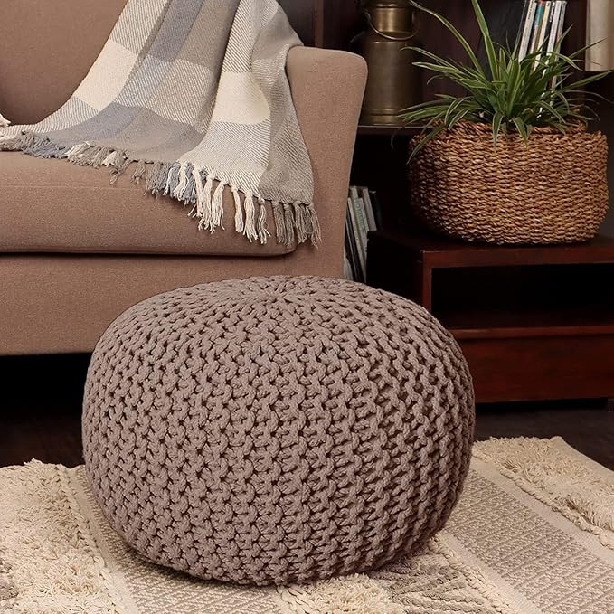 REDEARTH Round Pouf Foot Stool Bean Bag Ottoman - Hand Knitted Boho Pouffe - Home Decor Poof - Stuffed Foot Rest for Living Room - Nursery - Bedroom - Patio (19.5"x19.5"x14") - Taupe-Ruum Studio Home