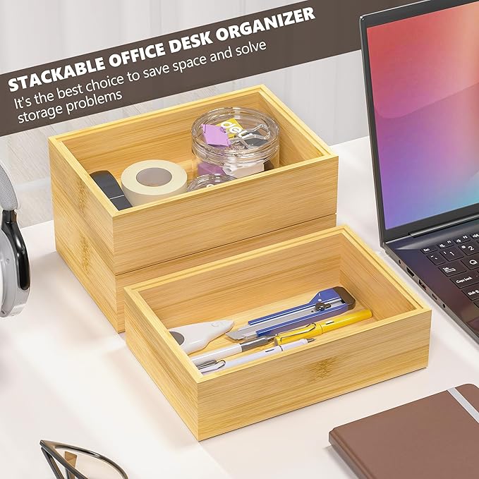 Kitchen Drawer Organizer Bins, Stackable Bamboo Drawer Organizer for Silverware, Flatware, Deep Office Desk Drawer Organizer Tray, Desktop Pen, Office Organization 9" x 6" x 2.5" (Set of 2)-Ruum Studio Home