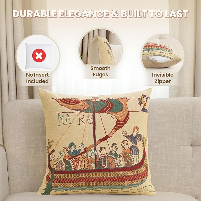 Charlotte Home Furnishings Bayeux Mare Throw Pillow Cover 16" x 16" – Medieval Ship Decorative Tapestry Cushion Case for Sofa, Couch, & Bed | Cotton Jacquard Woven in Europe | Insert Not Included-Ruum Studio Home