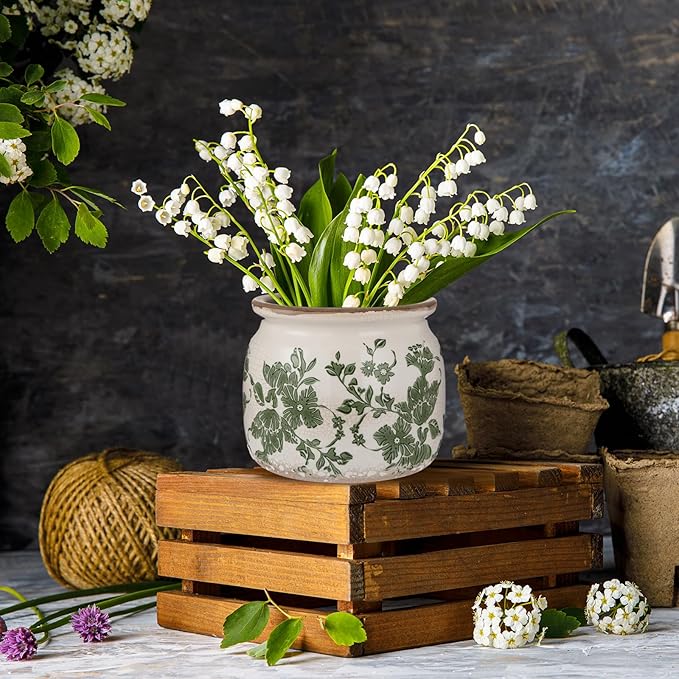 2 Pcs Vintage Planter Large Ceramic Plants Pot Beige Green Vintage Floral Ice Crack Cottage Scroll Vase Flower Vase Pot Indoor Plants Home Kitchen Decor Farmhouse Antique Decorative Gifts-Ruum Studio Home