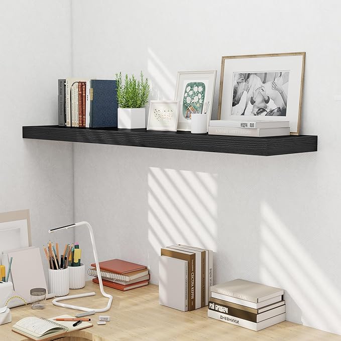 Fun Memories 55 Inch Fireplace Mentel Shelf, 10 Inch Deep Shelves for Display & Wall Storage, Rustic Wood Wall Shelf, Extra Long Floating Shelves for Living Room Laundry Room, Black, Set of 1-Ruum Studio Home