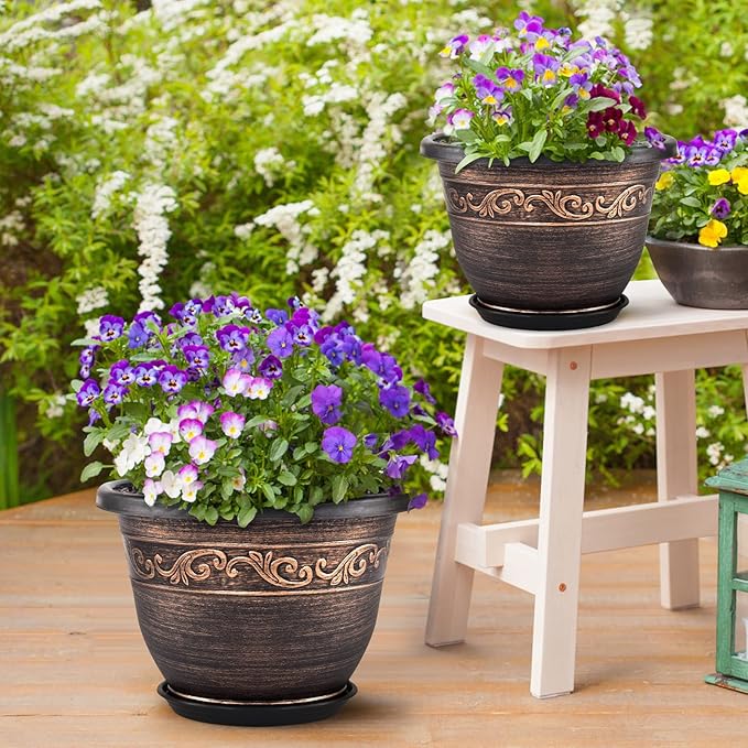 Plastic-Plant-Flower-Planters-14 Inch with Drainage Hole & Saucer, 3 Packs Lightweight Large Resin Flower Pot Indoor Outdoor, Retro Antique Imitation Decorative Garden Containers Sets for Houseplants-Ruum Studio Home