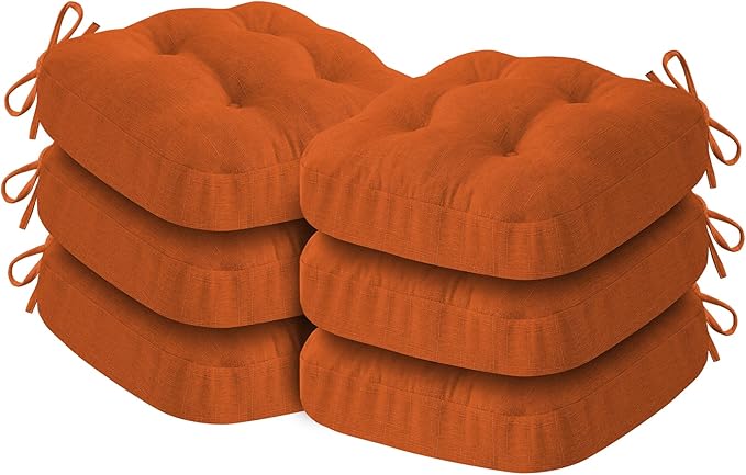 Chair Cushions for Dining Chairs, Dining Chair Cushions, Tufted Indoor Chair Pads with Ties & Non Slip Backing, Seat Cushions for Kitchen Chairs 16.5” x 16.5” x 3.5”, Set of 6, Orange-Ruum Studio Home
