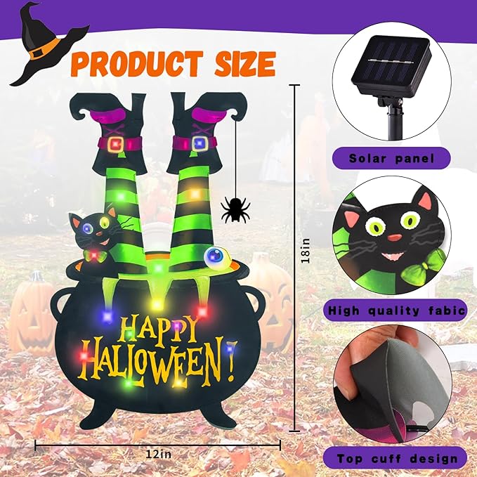 Halloween Lighted Garden Flag for Outside, Led Solar Yard Flag 8 Modes Witch Feet Shape Flag, 12x18 Double Sided Cauldron Eyeball Black Cat Decorations for Home Porch-Ruum Studio Home