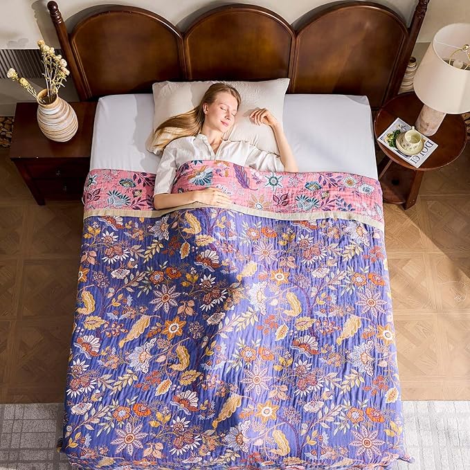 Boho Blanket, 100% Cotton Farmhouse Decorative Throw Blanket, 80"x90" Reversible Bohemian Throw Blanket, Purple All Season Muslin Breathable Woven Blankets Quilt-Ruum Studio Home