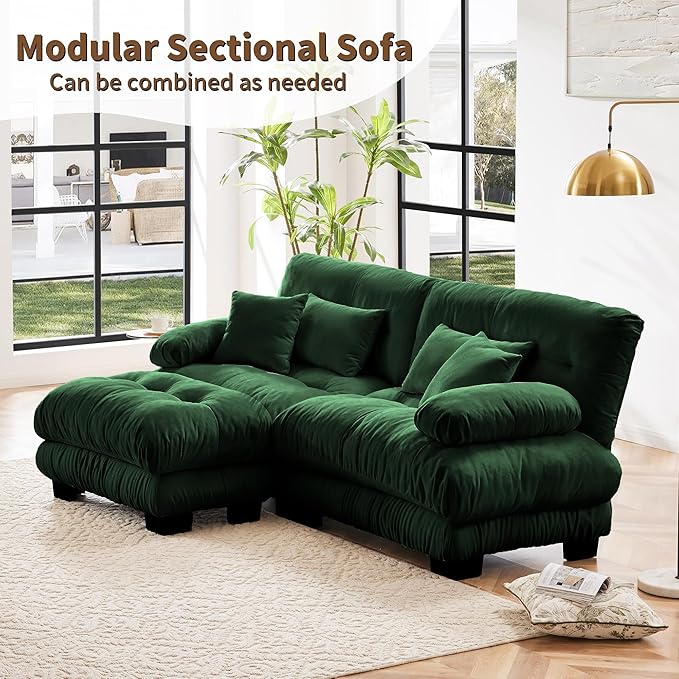 Modular Sectional Sofa, Comfy Cloud Couch Oversized Loveseat with Ottoman, Sectional Couches for Living Room, Modern Chenille L Shaped Couch, Sleeper Deep Seat Sofa with Throw Pillows, Green-Ruum Studio Home