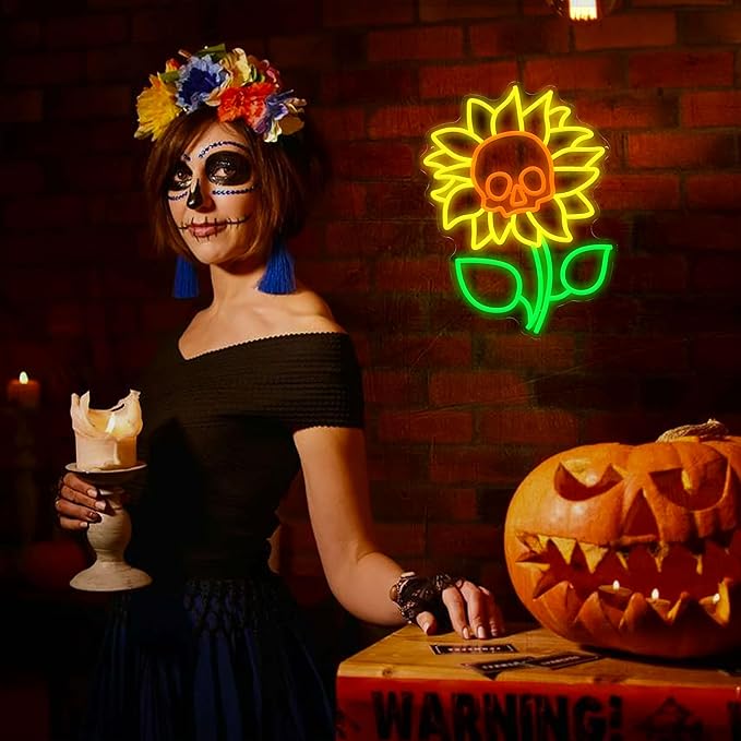 Sunflower Skull Neon Sign Wall Decor USB Powered Skeleton Head Halloween Neon Light Sign Dimmable Funny Halloween Day LED Sign for Trick or Treat Party Backdrop Bedroom Bar Man Cave-Ruum Studio Home