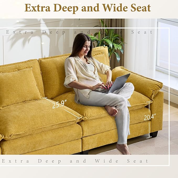 URRED Modular Sectional Sofa Comfy Cloud Couch, Modern Chenille Loveseat Sofa Sleeper Deep Seat Couches with Pillows for Living Room (Yellow, 82.6'')-Ruum Studio Home