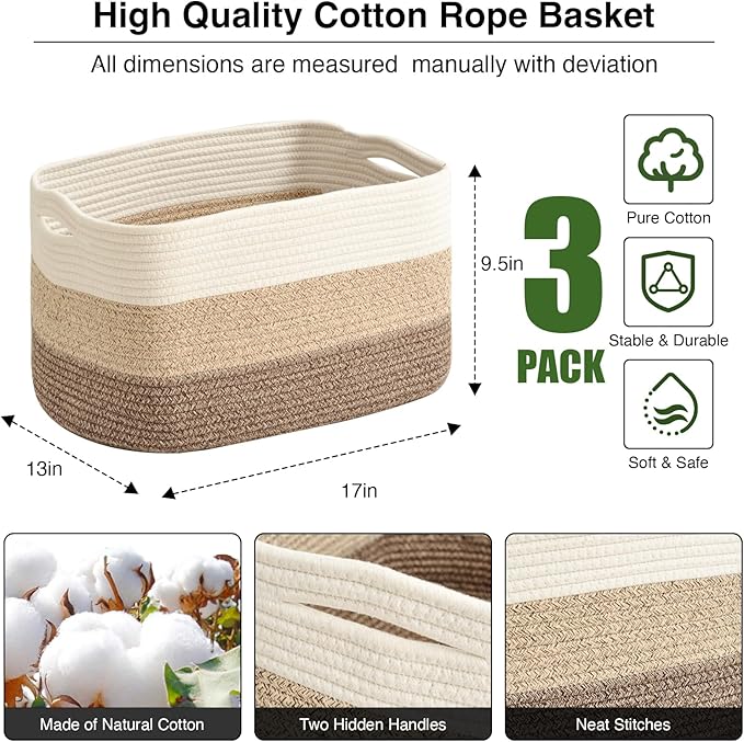 Large Storage Baskets for Organizing Shelves, Woven Cotton Rope Bins for Baby Nursery Organization, Book Toy Towel Organizer, 17"x13"x9.5", 3 Packs, Gradient Brown-Ruum Studio Home