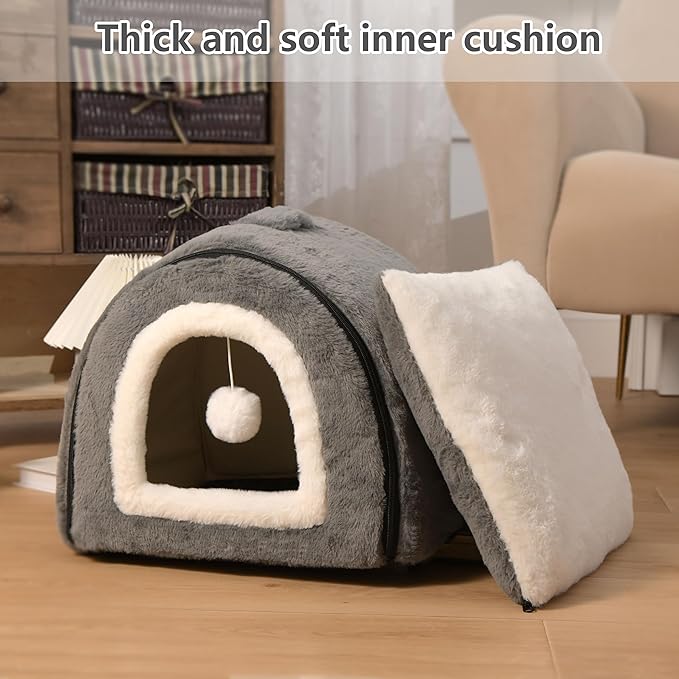 Cat Bed for Indoor Cats，Foldable cat cave，Anti-Slip & Water-Resistant Bottom，cat Houses for Indoor Cats or Small Dogs, Kitten Tent, Rabbit Bed，2 in 1 pet Bed (Dark Grey)-Ruum Studio Home