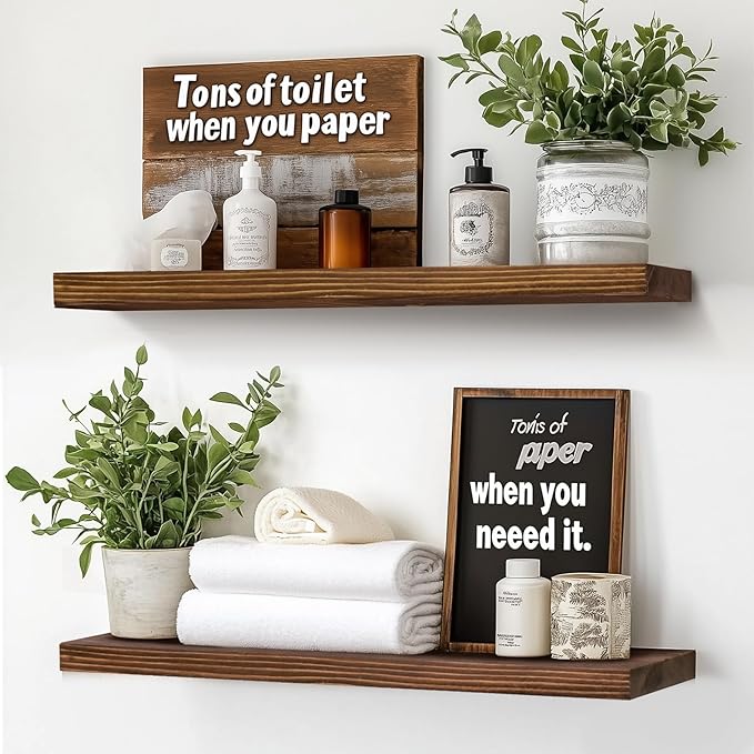24"x6.8"x1.2" Solid Wood Floating Shelves 2-Pack - Rustic Brown Finish with Hidden Brackets, Perfect for Storage and Décor in Living Room, Kitchen, Bedroom-Ruum Studio Home