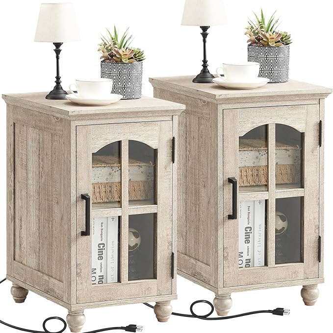 Narrow Side Table Set of 2,Farmhouse Nightstand with Charging Station,End Table with Glass Barn Door Storage, Cabinet Organizer with Adjustable Shelf, Night Stand for Small Spaces Living Room Bedroom-Ruum Studio Home