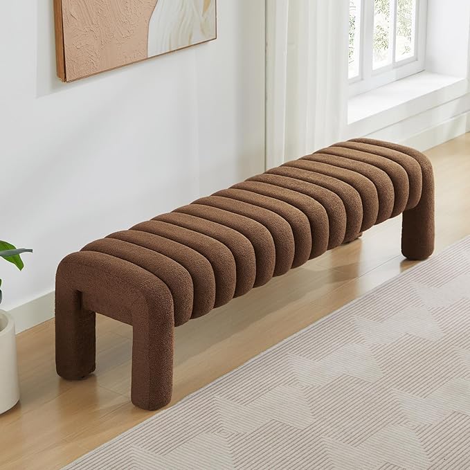 63" Bedroom Bench, Upholstered Entryway Bench, Modern End of Bed Ottoman with Solid Wood Legs and Adjustable Foot Pegs for Entryway, Dining Room and Living Room (Brown Boucle)-Ruum Studio Home