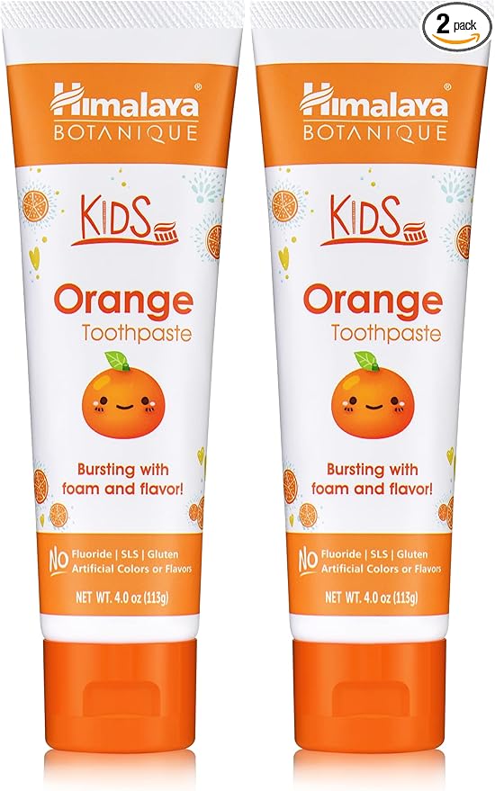 Himalaya Botanique Kids Toothpaste, Herbal, Orange Flavor, Fights Plaque, Fluoride Free, Gentle, No Artificial Flavors or Colors, SLS Free, Gluten Free, Cruelty Free, Vegan, Foaming, 4 Oz, 2 Pack…-Ruum Studio Home