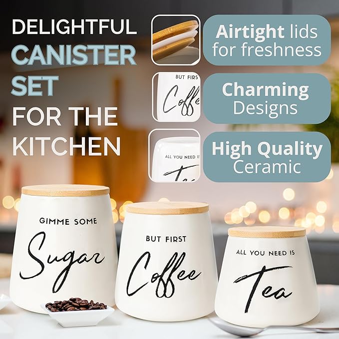 Coffee Tea and Sugar Ceramic Canister Set - 3-Piece Airtight Kitchen Canisters for Countertop - Coffee Bar Container Set-Ruum Studio Home