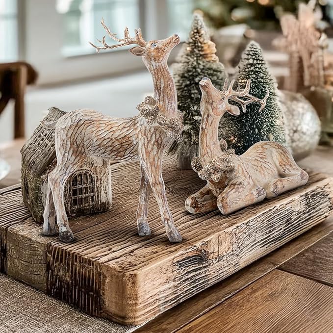 DN DECONATION 2pcs Reindeer Christmas Figurines, Tabletop Reindeer Small Christmas Decor, Brown Resin Deer Statue, Holiday Home Décor Accents for Xmas Office Living Room & Bedroom Decorations-Ruum Studio Home