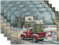 Red Truck Xmas Tree Snowman Christmas Placemats Set of 4 Winter Snowflake Vintage Farmhouse Rustic Place Mats 12x18 Inch Seasonal Christmas Holiday Washable Table Mats for Party Kitchen Dining Decor-Ruum Studio Home