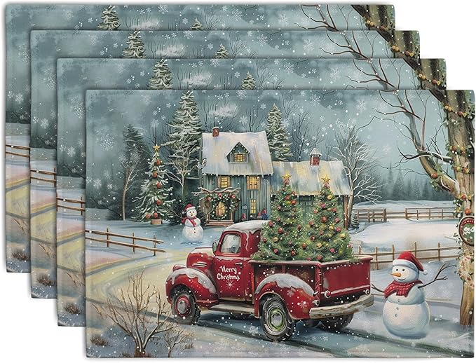 Red Truck Xmas Tree Snowman Christmas Placemats Set of 4 Winter Snowflake Vintage Farmhouse Rustic Place Mats 12x18 Inch Seasonal Christmas Holiday Washable Table Mats for Party Kitchen Dining Decor-Ruum Studio Home