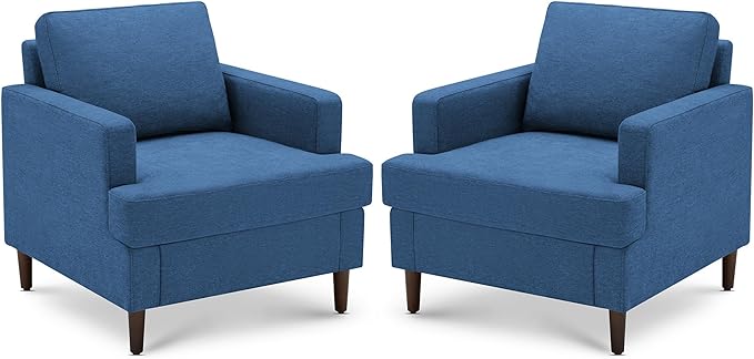 Mid-Century Accent Chair,Modern Linen Fabric Armchair for Living Room,Comfy Upholstered Reading Accent Chairs for Bedroom,Single Sofa Chair with Wood Legs (Blue, 2 Pack)-Ruum Studio Home
