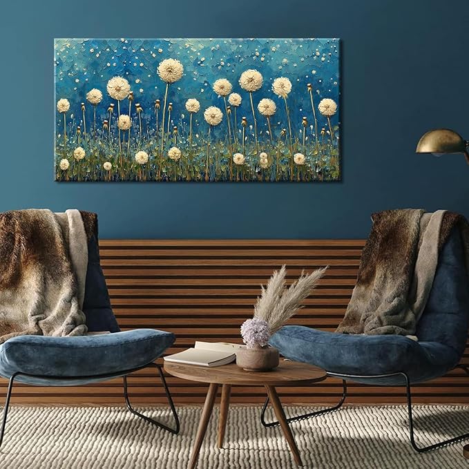 LASMOND Teal Dandelion Wall Art for Living Room Abstract Blowball Canvas Painting Prints Large Flower Floral Grassland Bedroom Decoration Modern Artwork Decor (40x20 Inches)-Ruum Studio Home