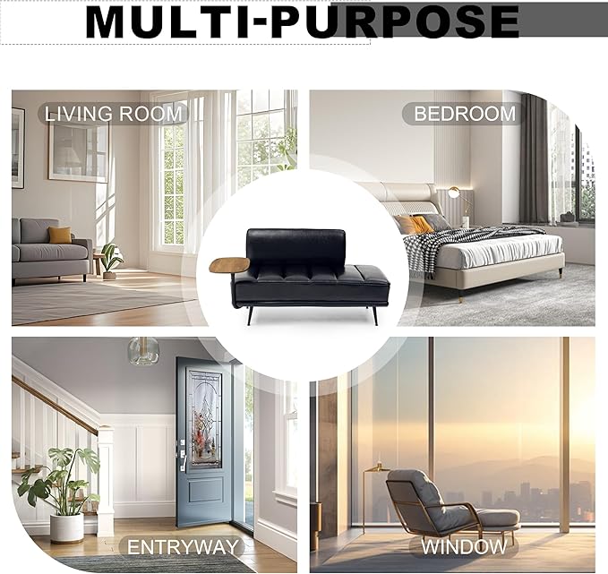 Sofa,Bed Bench,Small Spaces Furniture,Polyurethane Leather,Wood Frame,High Density Sponge Infillings,360-Degree Swivel Tray,Black Metal Leg (Black)-Ruum Studio Home