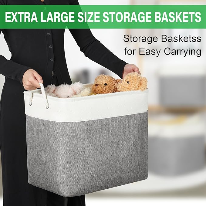 Bidtakay Extra Large Storage Baskets for Organizing 17x12x15.1 inch 3-Pack Fabric Closet Organizers Storage Bins with Handles Foldable Storage Baskets for Shelves Clothes XL-White&Grey-Ruum Studio Home