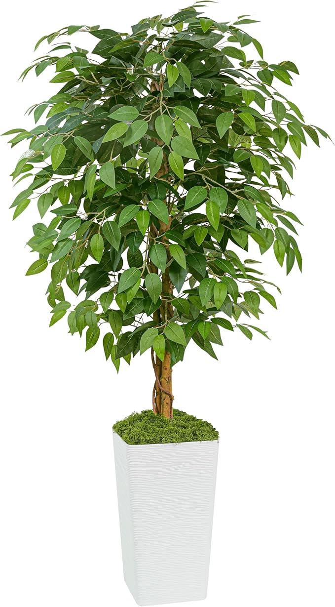 Artificial Ficus Tree 5FT Faux Floor Tree with Planter UV Resistant Potted Fake Silk Plant, Real Wood Trunk-Indoor Outdoor Lifelike Fake Ficus Tree for Home, Living Room Bedroom Topiary Tree-Ruum Studio Home