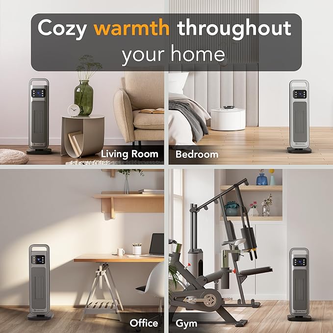 Comfort Zone Oscillating Digital Tower Heater with Remote Control for Indoor Use, Adjustable Thermostat, Timer, Overheat Protection, Tip-Over Switch, Ideal for Home, Bedroom, & Office, HT1206-GRY-Ruum Studio Home